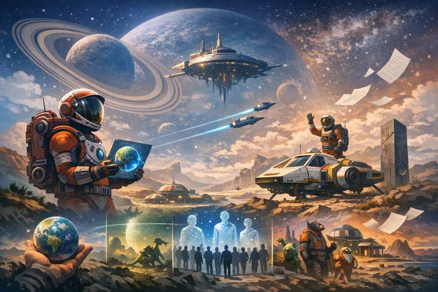 A stylized, space-themed backdrop representing No Man's Sky's vast procedural universe, with a faint planet and starfield.