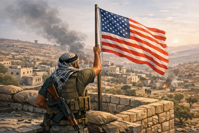 AI-generated editorial illustration of Loui Ridi arriving at a besieged family home in Qusra, West Bank