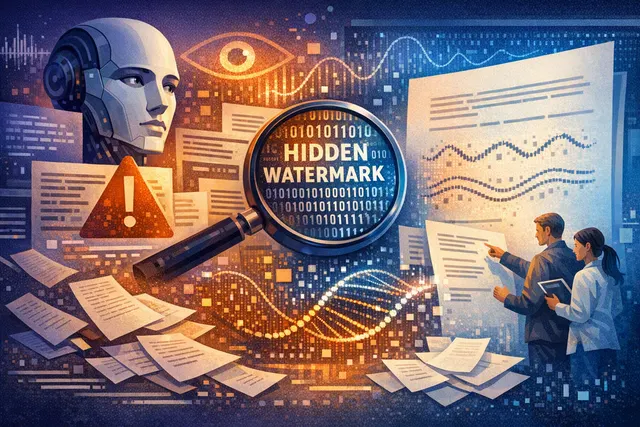 Conceptual image of a document with an invisible digital watermark overlay, representing Claude AI text watermarking