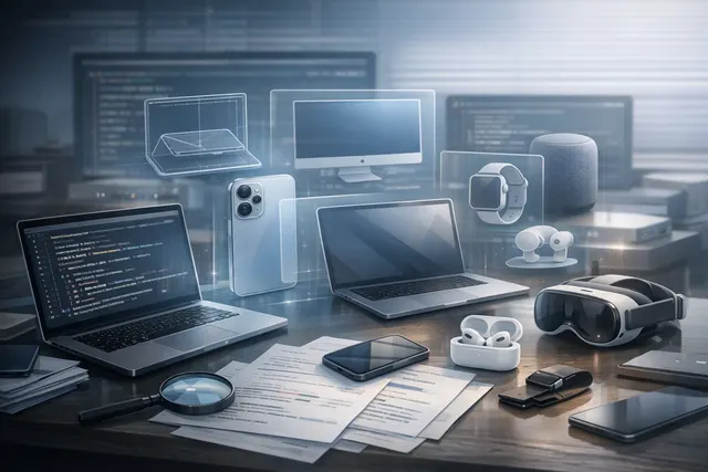 Editorial illustration of unreleased Apple devices, including a foldable iPhone, camera-equipped AirPods, MacBook Pro and smart home hub, revealed by macOS Tahoe code