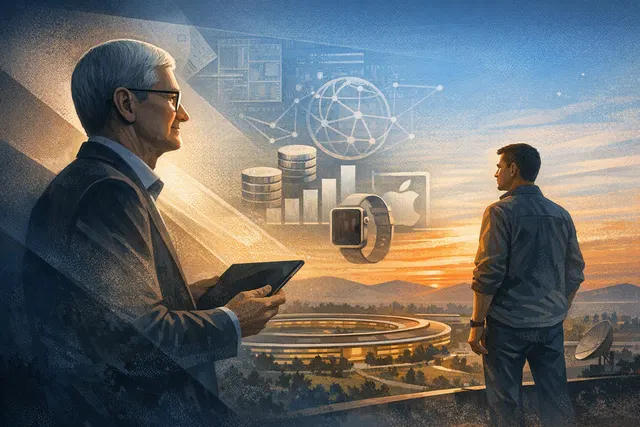 Editorial illustration of Tim Cook handing Apple’s CEO role to John Ternus amid the company’s AI and supply-chain challenges