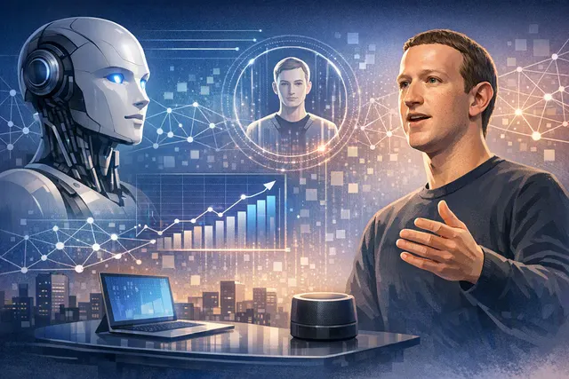 Mark Zuckerberg speaking at Meta's Q2 2026 earnings call, with AI agent and data center visual elements in the background