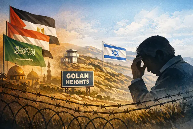 Editorial illustration about Gustavo Petro’s response to Colombia recognizing Israeli sovereignty over the Golan Heights