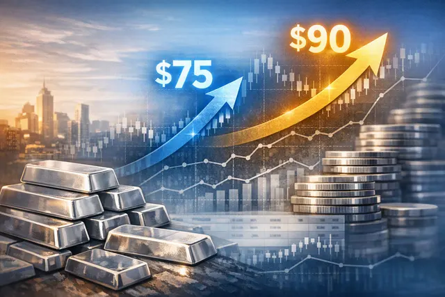 Silver bars and coins with financial charts representing Citi's bullish silver price target of $90 per ounce