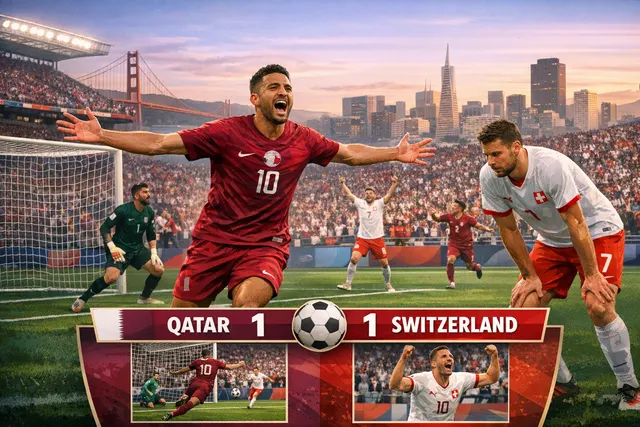Boualem Khoukhi celebrates his dramatic stoppage-time header that gave Qatar a historic 1-1 draw against Switzerland at the 2026 FIFA World Cup.