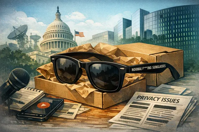 Conceptual illustration of DuckDuckGo's anti-surveillance sunglasses with icons indicating no camera, no network, and no notifications, set against a background of digital surveill