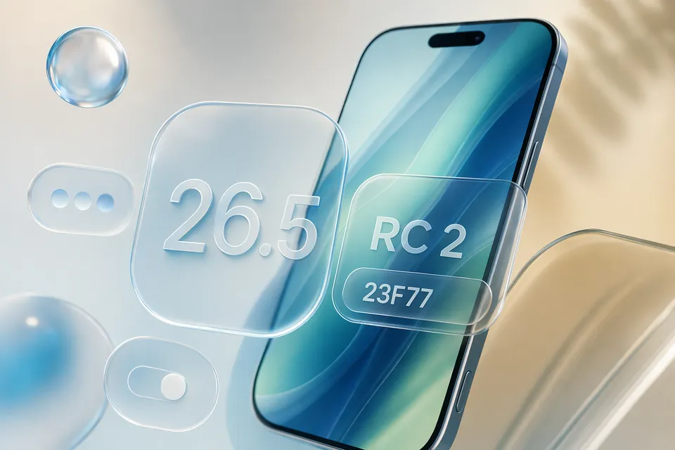 Editorial illustration of iOS 26.5 RC 2 build 23F77 on an iPhone-style software update screen