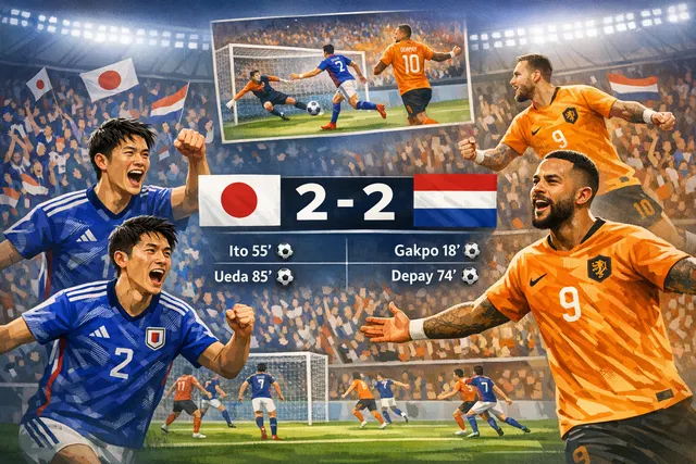 Illustration of a dramatic late equalizer during the Netherlands vs Japan World Cup 2026 Group F match at AT&T Stadium