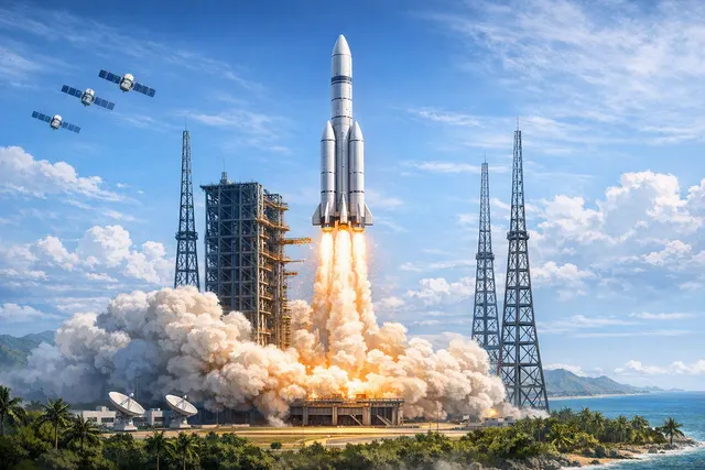 Illustration of a Long March-12 rocket launching low-orbit internet satellites from Hainan