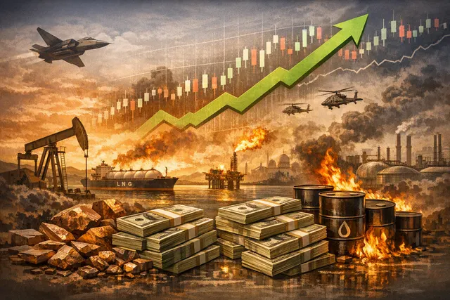Graphic illustration of an oil rig and trading chart silhouetted against a sunset, representing the surge in energy company profits during the Iran war