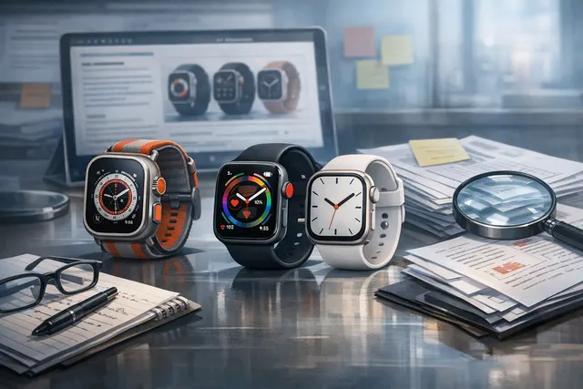 Apple Watch Series 12 and Ultra 4 concept alongside a Fitbit Air screenless band