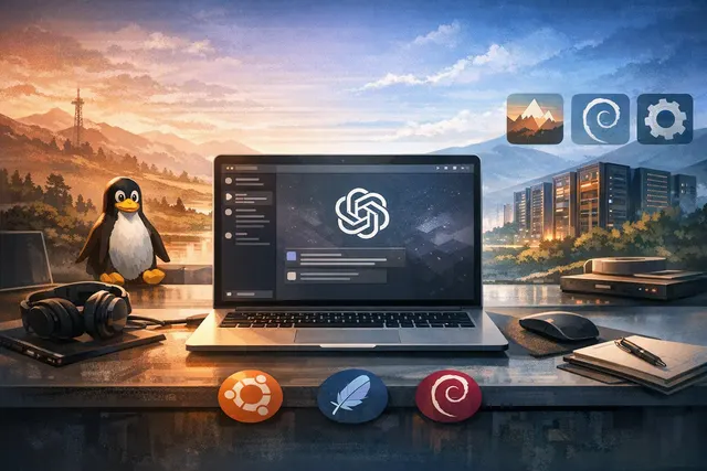 ChatGPT desktop app interface on a Linux laptop, showing the ChatGPT, Work, and Codex work surfaces