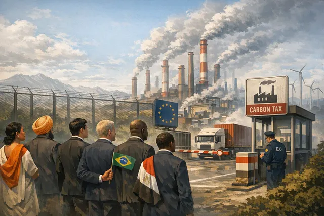Editorial illustration of BRICS countries confronting the European Union over the Carbon Border Adjustment Mechanism
