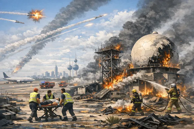 Damaged radar facility at Kuwait International Airport following an Iranian strike, with smoke rising in the background