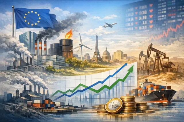 Editorial illustration of eurozone economic recovery, manufacturing growth and rising business activity