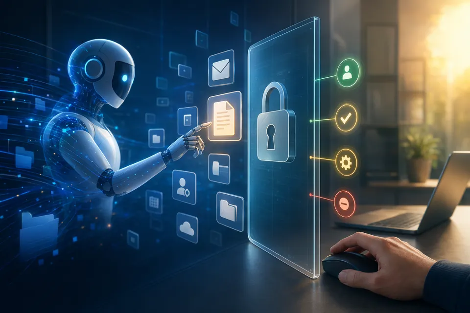 AI agent 權限、資料私隱與電腦控制風險的概念圖