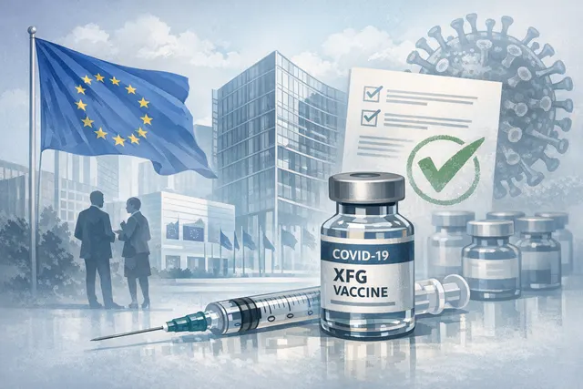 Abstract representation of the European Commission granting marketing authorization for an updated COVID-19 vaccine, with EU flag elements and molecular imagery.