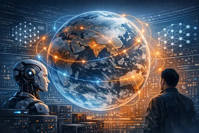 Editorial illustration of Alibaba’s Qwen AI model family spreading through a global developer network