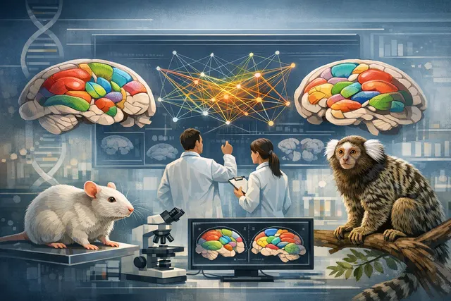 Conceptual illustration showing a connection between a mouse brain (left) and a primate brain (right) with highlighted neural pathways and structural correspondences, representing