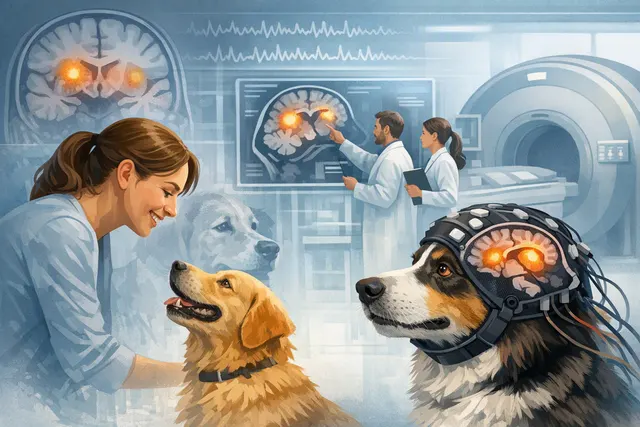 A detailed MRI-style depiction of a dog's brain with highlighted neural networks, representing how the canine brain processes human emotional expressions like smiles, anger, and fe