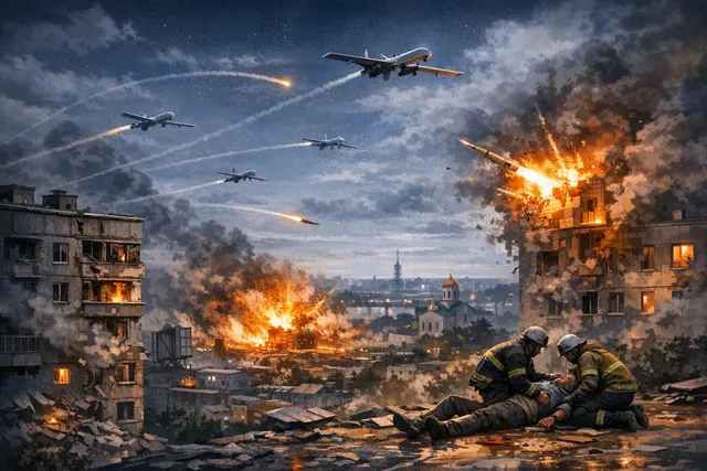 A nocturnal scene showing a city skyline with smoke and explosions, with drones and missiles crossing the sky, representing the overnight barrage between Russia and Ukraine on Augu