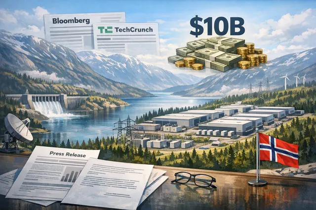 AI-generated visualization of a large data center facility in a Nordic landscape, representing the Anthropic-Volta-Bitdeer deal in Tydal, Norway