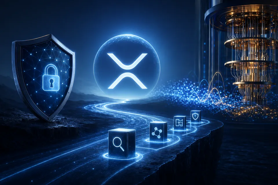Concept illustration of the XRP Ledger being secured against quantum computing threats