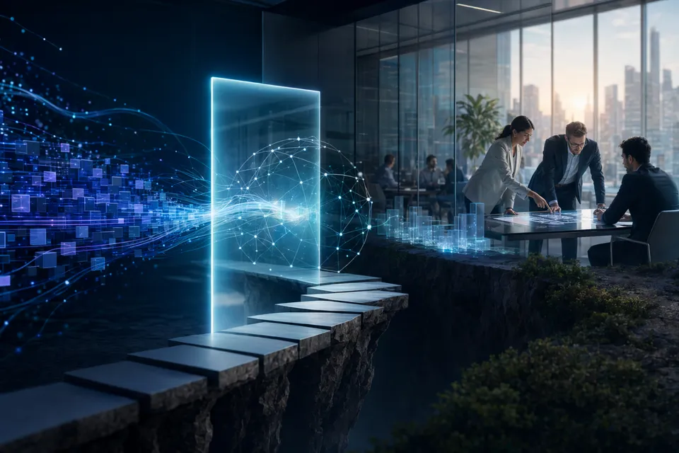 Abstract editorial illustration of enterprise AI deployment across a corporate organization