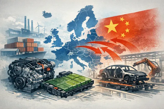 Aerial view of automotive factory floor with both Chinese and European flags, representing the interconnected automotive parts supply chain.