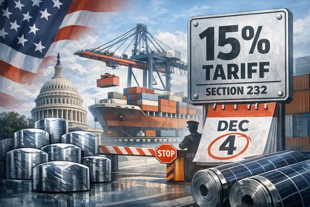 A visual representation of polysilicon tariffs showing solar panels, stock charts, and a gavel symbolizing the trade policy action.