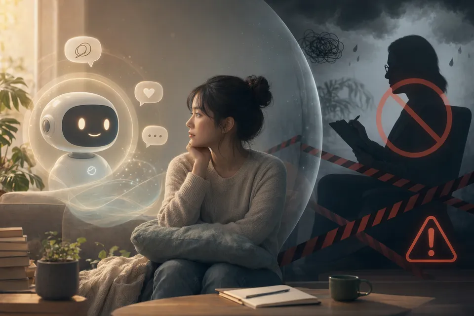 一個人使用 AI 聊天工具整理情緒的 editorial 插畫