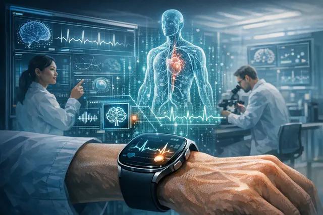 Conceptual illustration of on-device AI analyzing biosignals like ECG and PPG on a smartwatch without cloud connectivity.
