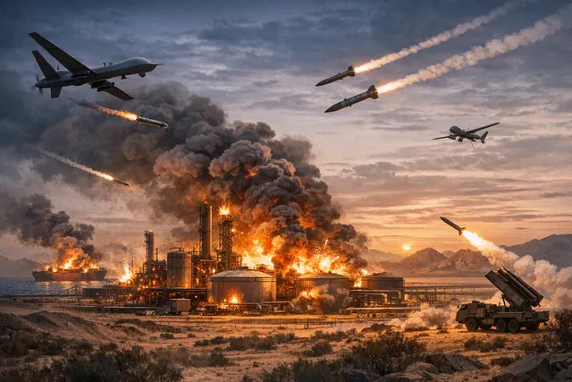 AI-generated editorial hero image showing a dramatic night scene with explosions and smoke over a port city, representing the Houthi attacks on al-Makha and the escalation in the R