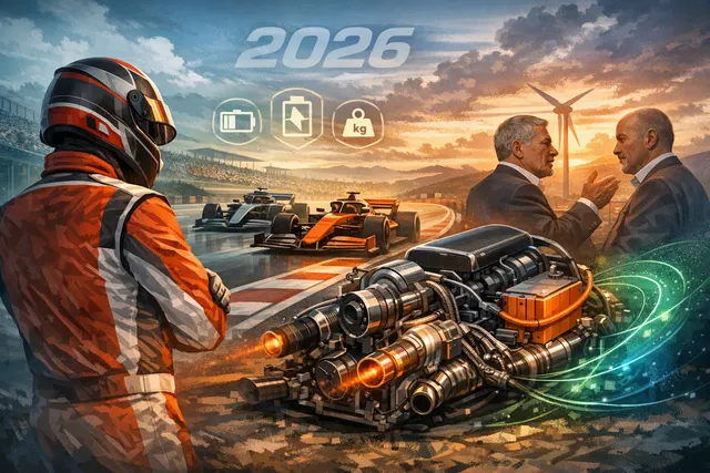 Formula 1 car from 2026 season at speed, with the text 'F1 2026 Power Unit' overlay representing the new hybrid regulations