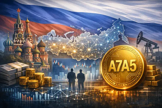 Digital illustration of Russian ruble and US dollar symbols overlaid with blockchain network nodes, representing the A7A5 stablecoin and USDT freeze warning.