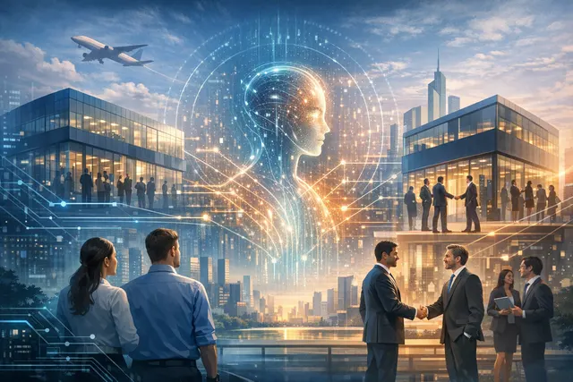 Abstract illustration of two technology giants connecting through AI integration, symbolizing Anthropic's landmark partnerships with TCS and DXC to deliver Claude into enterprise a