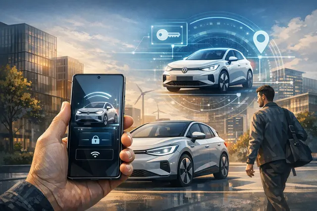 Samsung Galaxy smartphone representing a digital car key beside a Volkswagen electric vehicle