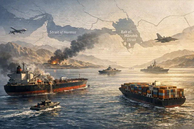 Illustration of tanker shipping near the Strait of Hormuz during a U.S.–Iran standoff