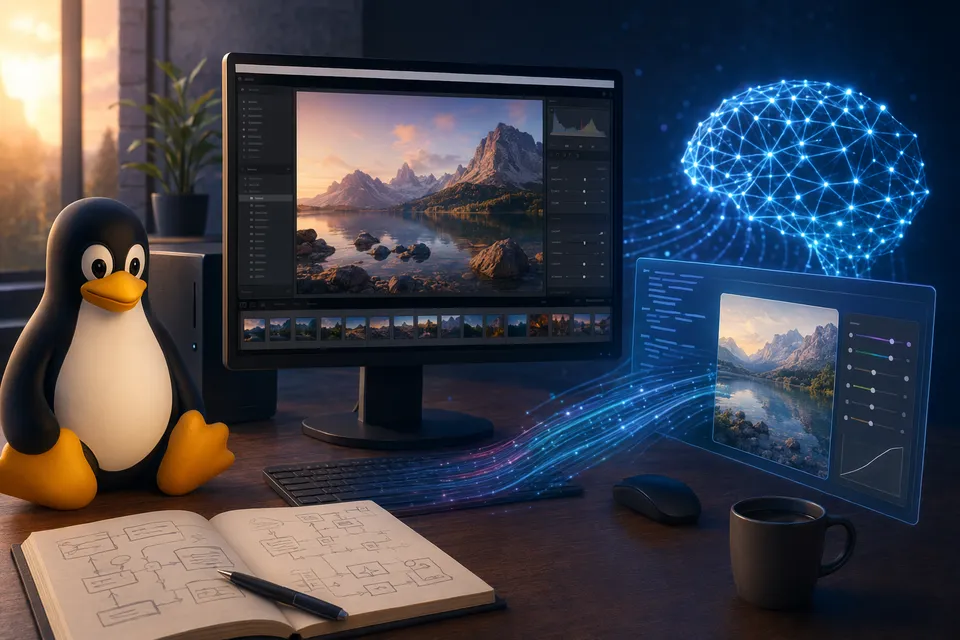 Concept illustration of Adobe Lightroom running on a Linux system through Wine with AI assistance