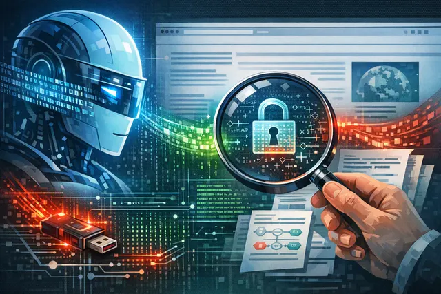Abstract illustration of encrypted code flowing from a webpage into an AI chatbot interface, representing a cryptographic prompt-injection attack
