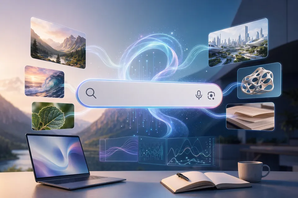 Illustration of AI-powered Google Search with intelligent search box, agents, and multimodal inputs