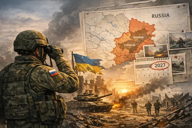 Illustration of diplomatic negotiations and military pressure surrounding Russia’s reported autumn 2027 Donbas target