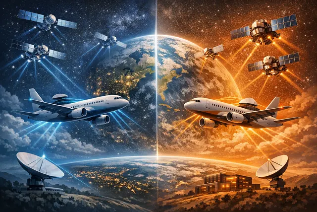 A digital illustration of a commercial airplane flying through a network of glowing low-Earth orbit satellites, symbolizing the competition between Starlink and Amazon Leo for in-f