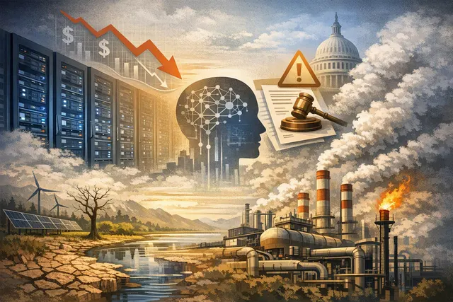 A futuristic AI data center surrounded by natural gas power plant infrastructure, with surging price charts in the foreground representing the potential tripling of natural gas cos