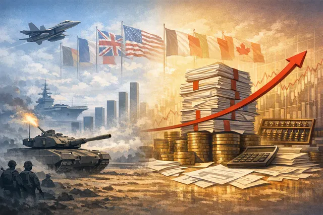 Financial data charts showing G7 debt-to-GDP ratios projected to reach 135.2% by 2029, with five nations spending more on interest than defense.