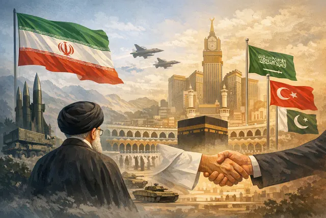 Editorial illustration showing the flags of Saudi Arabia, Turkey, and Pakistan with a globe and map of the Middle East in the background, representing the trilateral Mecca Joint De