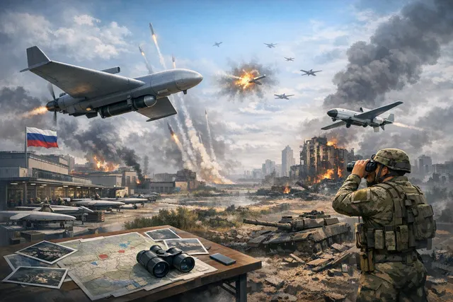 An AI-generated conceptual image of Russian Geran-4 and Geran-5 turbojet drones in flight over a battlefield representing the escalating drone war.