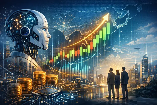 Abstract digital illustration of glowing stock market charts and semiconductor chips over a map of Asia Pacific, representing record AI-driven equity capital markets activity.