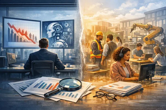 Silhouette of a person looking at a large screen displaying data charts about AI and employment, representing the gap between CEO predictions and actual workforce effects