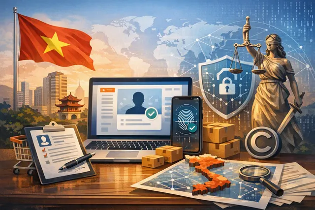Abstract digital illustration representing Vietnam's new e-commerce regulations and intellectual property laws, with digital legal documents, security deposit symbols, and platform